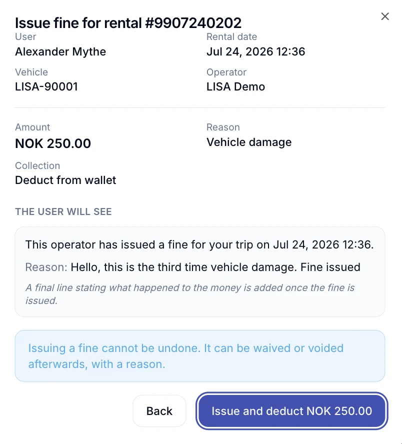 Fine confirmation in the LISA dashboard showing what the rider will see before the fine is issued