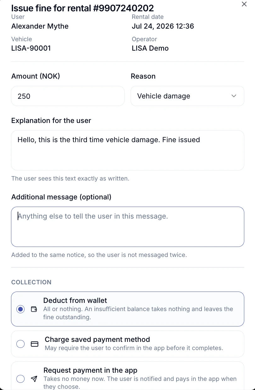 Issue fine form in the LISA dashboard with amount, reason, explanation and collection method