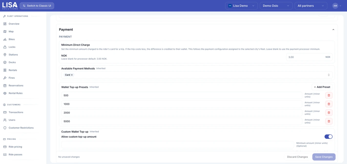 Minimum Direct Charge setting in the LISA dashboard payment configuration