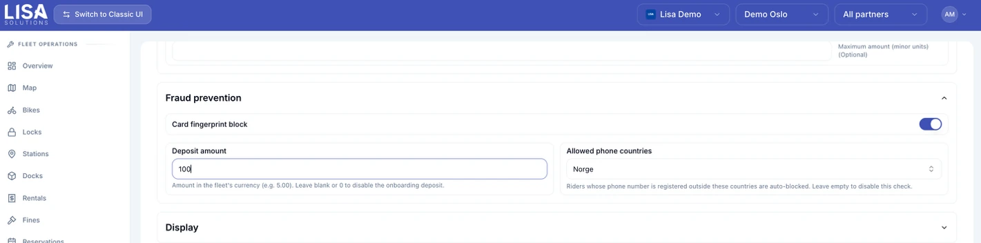 Fraud prevention settings in the LISA dashboard with card block, first ride deposit and allowed phone countries