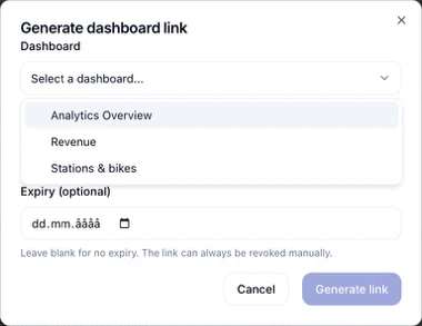 Generate dashboard link dialog for sharing analytics with a partner
