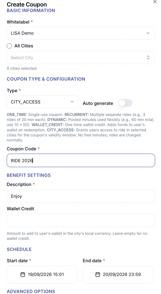 Create coupon form in the LISA dashboard with the CITY_ACCESS coupon type