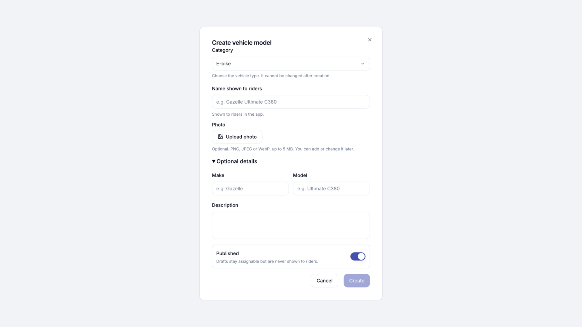 Create vehicle model form in the LISA dashboard with category, name shown to riders, photo, make, model, description and published setting
