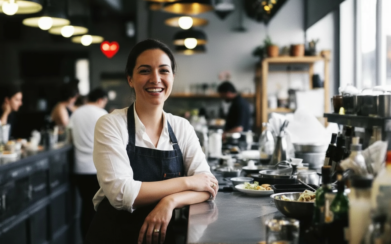 fröhliche Gastronomin in Küche