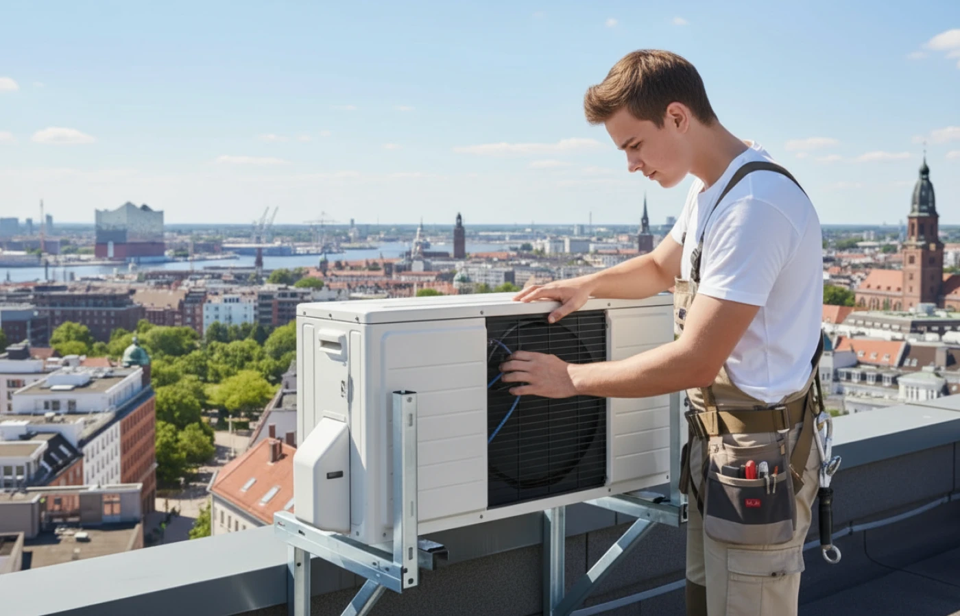 Kältetechniker auf Dach über Hamburg