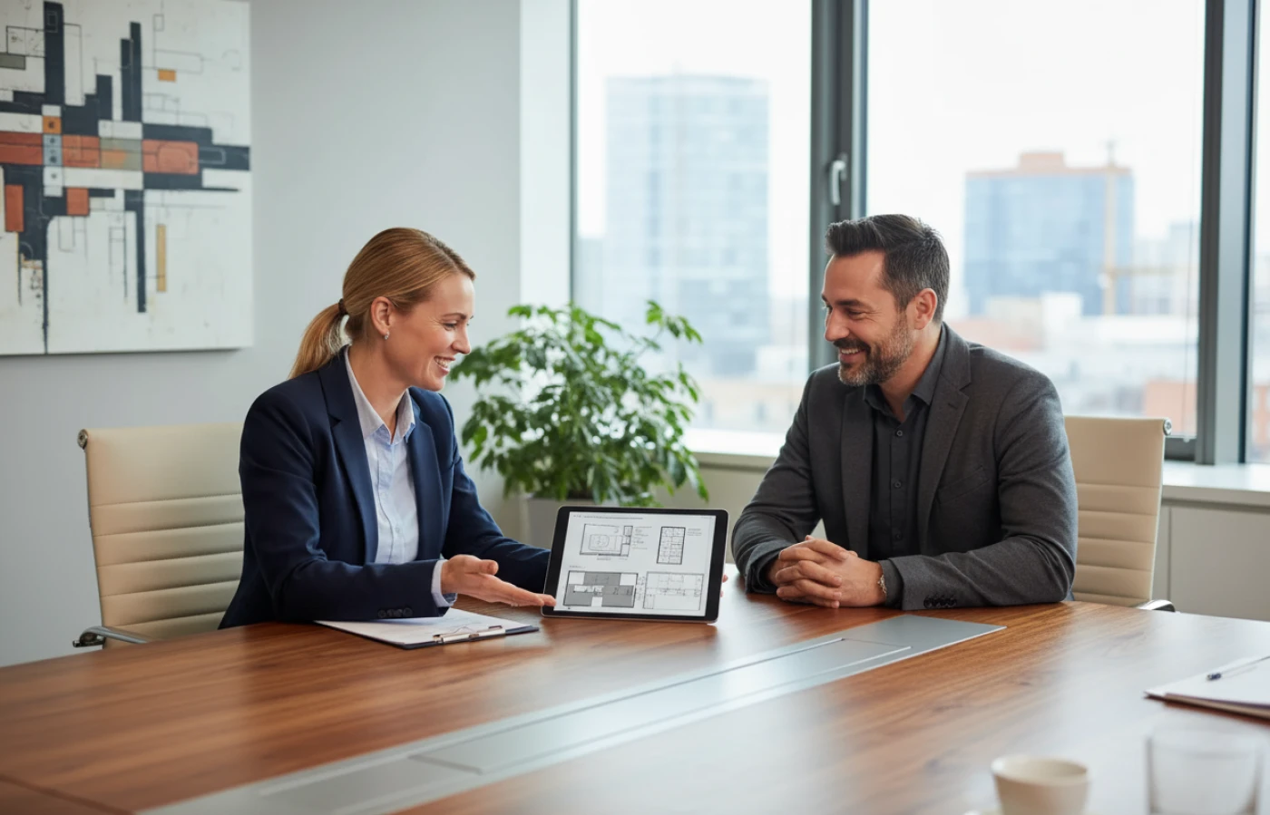 2 Personen sitzen in einem Büro und schauen einen Küchenplan auf einem Tablet an.