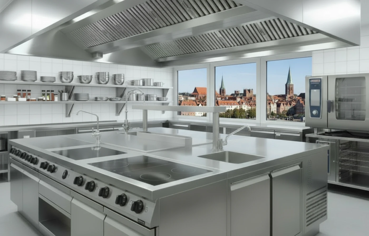 Gastroküche, draußen sieht man eine Altstadt