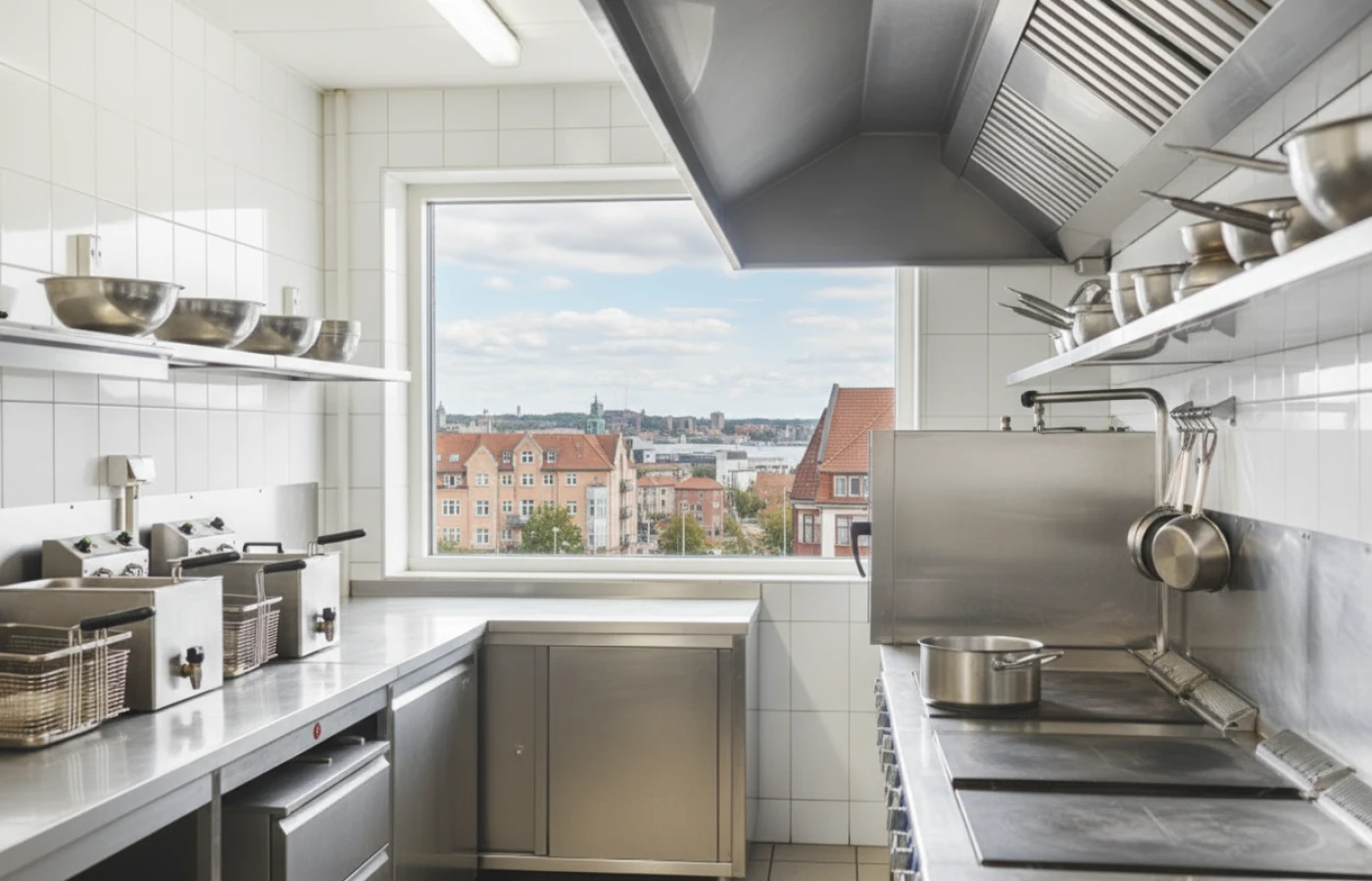 kleine Gastroküche. Durch das Fenster sieht man Häuser einer Stadt.