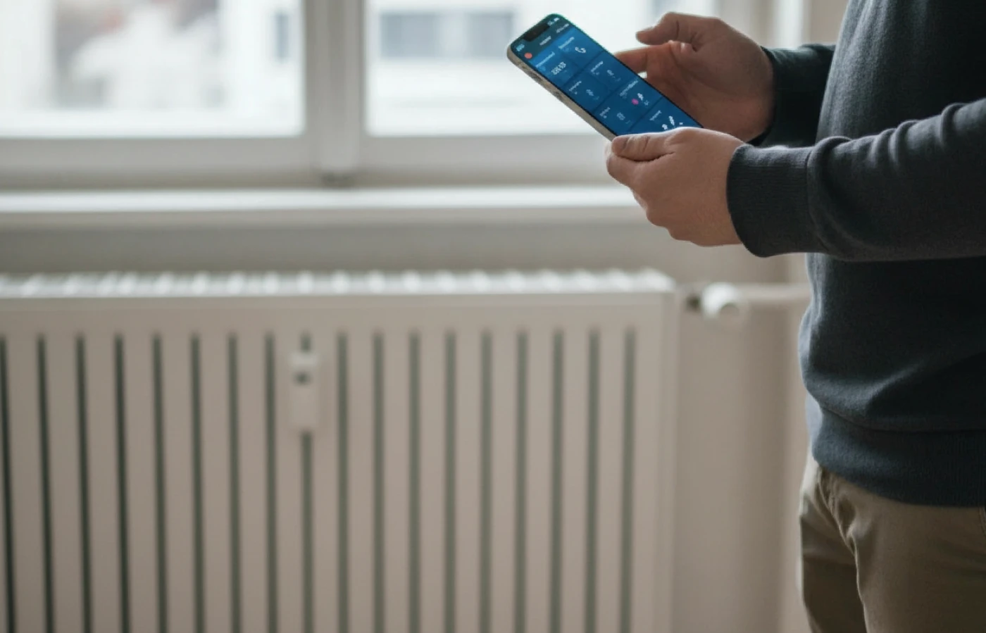 Smartphone BOSCH App in der Hand vor Heizung