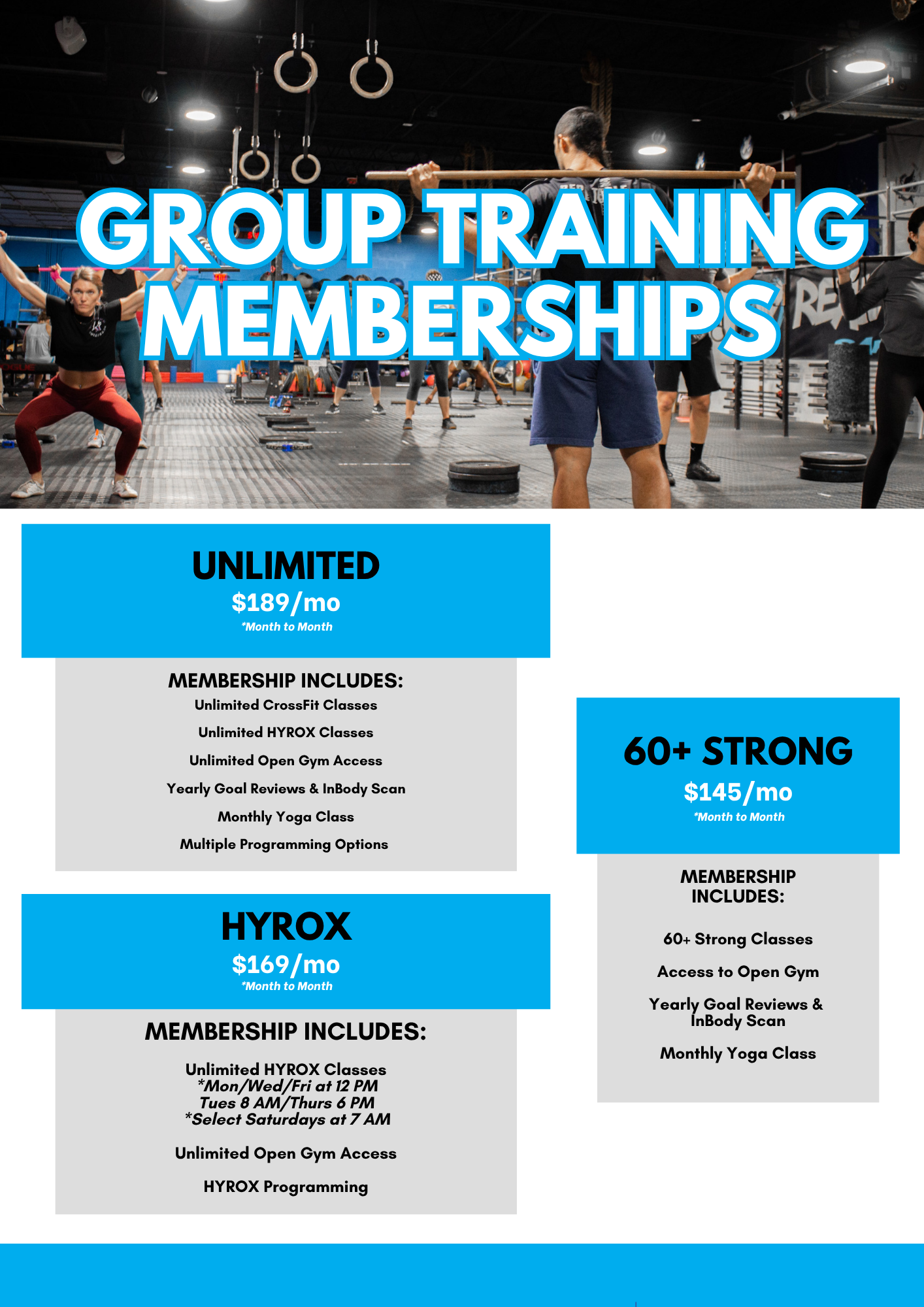 A graphic titled 'Group Training Memberships' featuring a background image of people working out with barbells in a gym. It outlines three month-to-month membership options. The 'Unlimited' plan is $189 per month and includes unlimited CrossFit, HYROX, and open gym access, plus yearly goal reviews, an InBody scan, a monthly yoga class, and multiple programming options. The 'HYROX' plan is $169 per month and includes unlimited HYROX classes at specific times (Mon/Wed/Fri at 12 PM, Tues 8 AM/Thurs 6 PM, and select Saturdays at 7 AM), unlimited open gym access, and HYROX programming. The '60+ Strong' plan is $145 per month and includes 60+ Strong classes, open gym access, yearly goal reviews, an InBody scan, and a monthly yoga class.