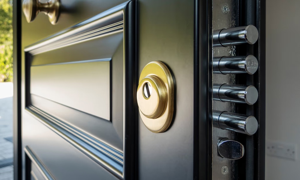 Key-operated multipoint lock on a security front door.