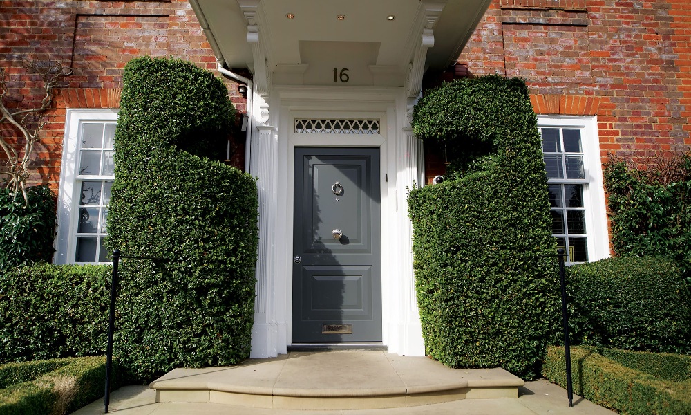 A front door with shaped hedge plant on either sides.