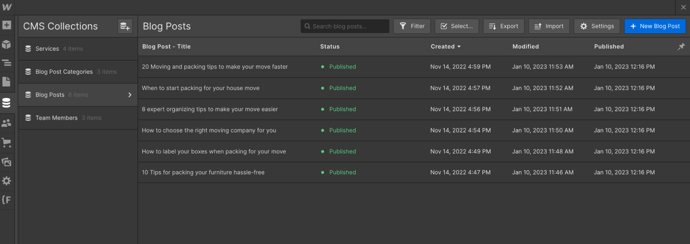 CMS Collection - Movers X Webflow Template