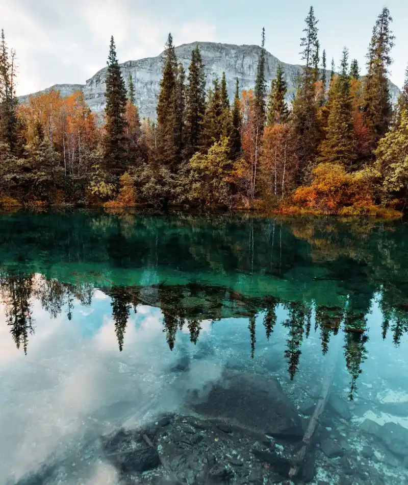 Photo of a serene lake reflecting trees with autumn foliage, a mountain in the background under a blue sky.