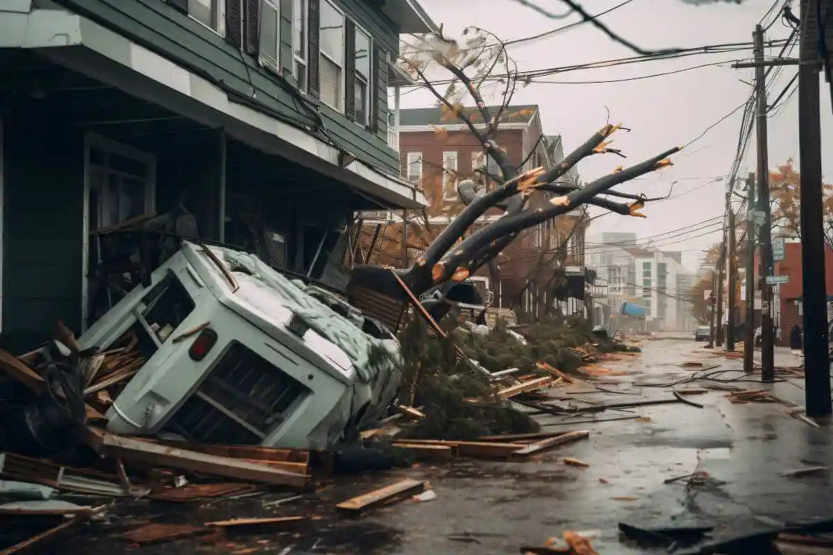 Storm damaged houses and scattered debris on a quiet street after the weather clears.