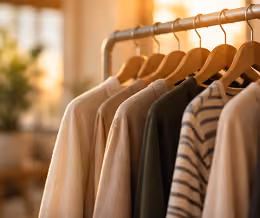 Row of assorted long-sleeve shirts hanging on wooden hangers in a clothing rack with warm natural light in the background.