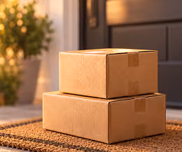 Two stacked closed cardboard boxes sitting on a textured rug in a warmly lit room with a blurred plant and door in the background.