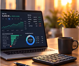 Open laptop on a wooden desk displaying stock market data with charts, graphs, and financial metrics, next to a black coffee mug, calculator, and pen, with a plant blurred in the background.