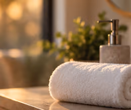 Rolled white towel on a wooden surface with a blurred soap dispenser and green plant in soft warm lighting.