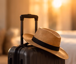 Straw hat with a black band placed on the extended handle of a black suitcase in a warmly lit room.