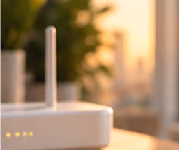 White wireless router with an antenna and three yellow indicator lights on a wooden surface, with blurred indoor background and warm natural light.