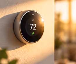 Round smart thermostat mounted on a wall showing the temperature set to 72 degrees with a green leaf icon, indicating energy efficiency.