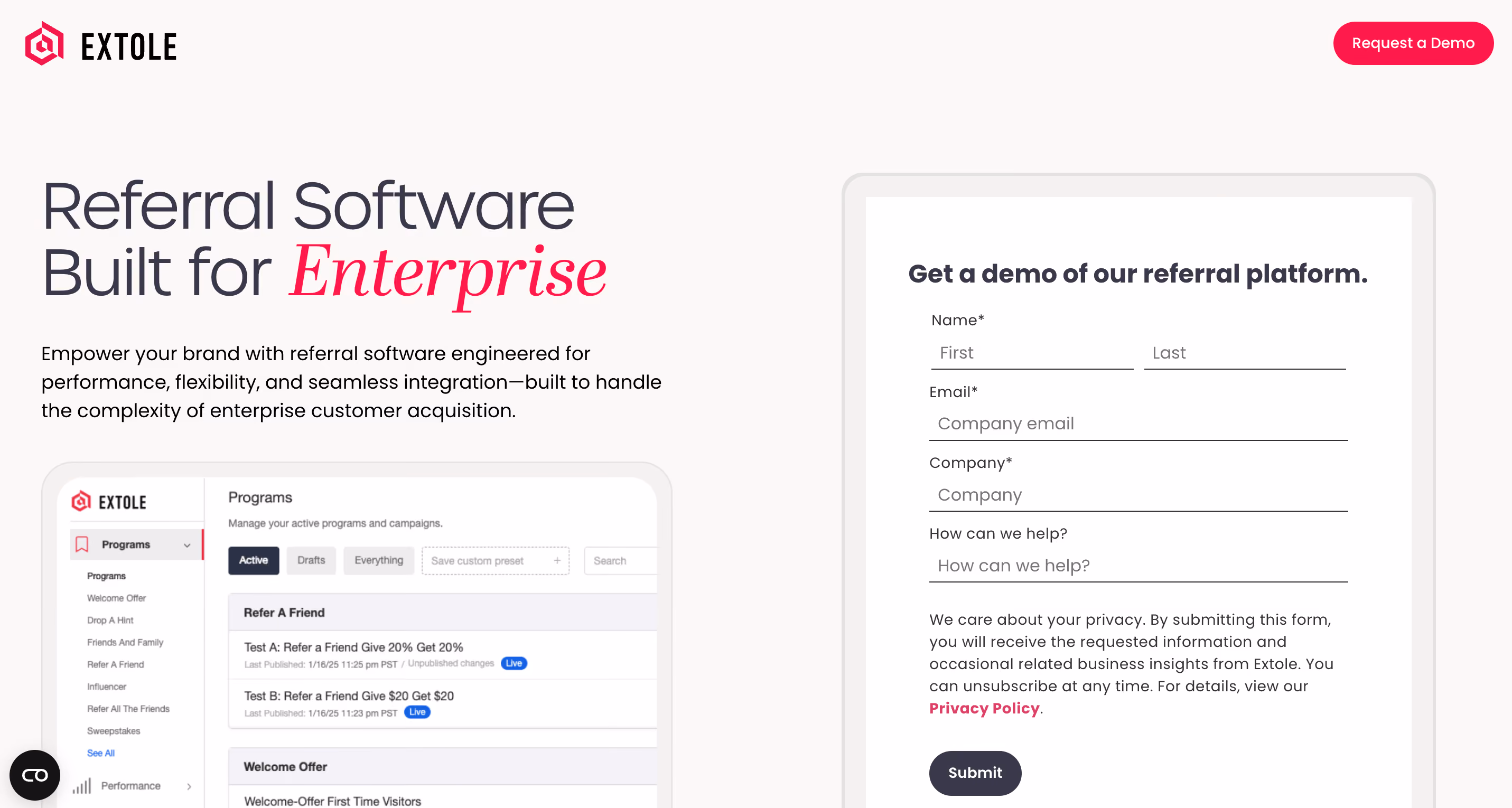 Extole homepage showing its referral marketing platform