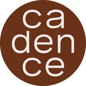 The word 'cadence' in lowercase white letters arranged vertically and horizontally in a circular dark brown background.