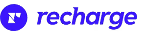 Recharge company logo featuring a stylized circular icon with a lightning bolt and the word 'recharge' in purple lowercase letters.