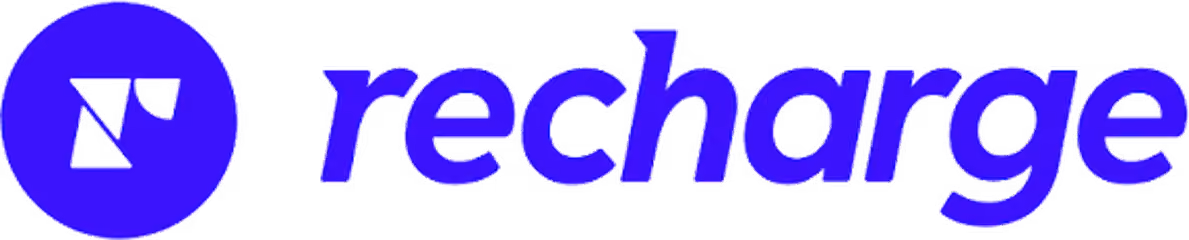 Black and white graphic logo with a circular icon featuring a lightning bolt and the word 'Recharge' next to it.
