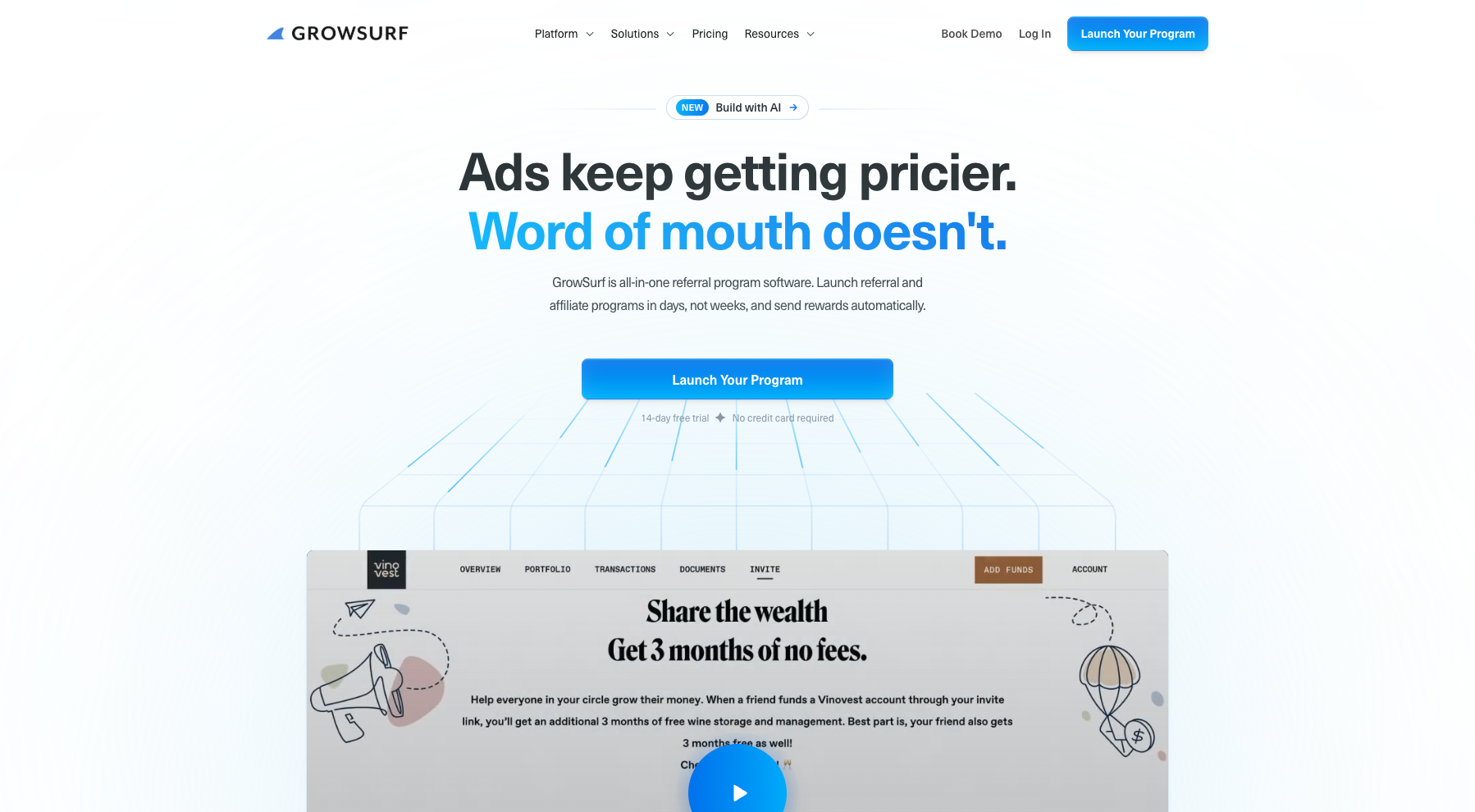 GrowSurf referral program software homepage featuring automated referral and affiliate programs