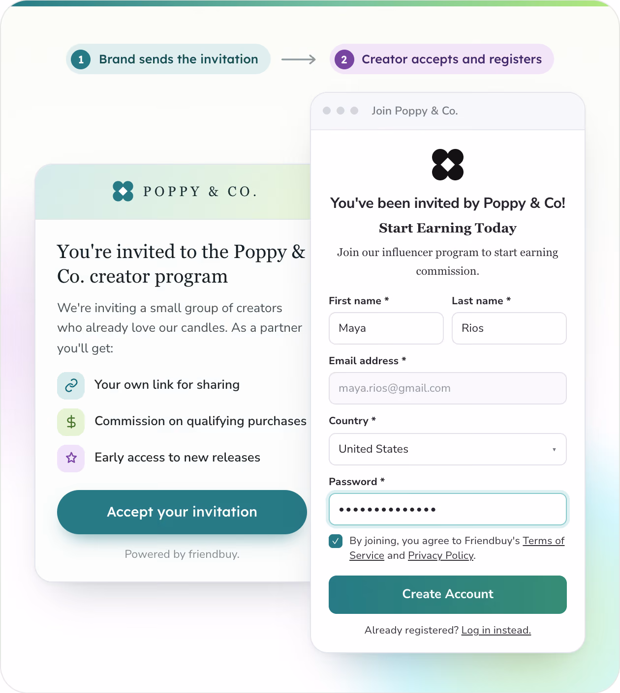 Friendbuy influencer invitation workflow showing CSV upload options, a custom-branded email invitation, and a program terms acceptance screen.