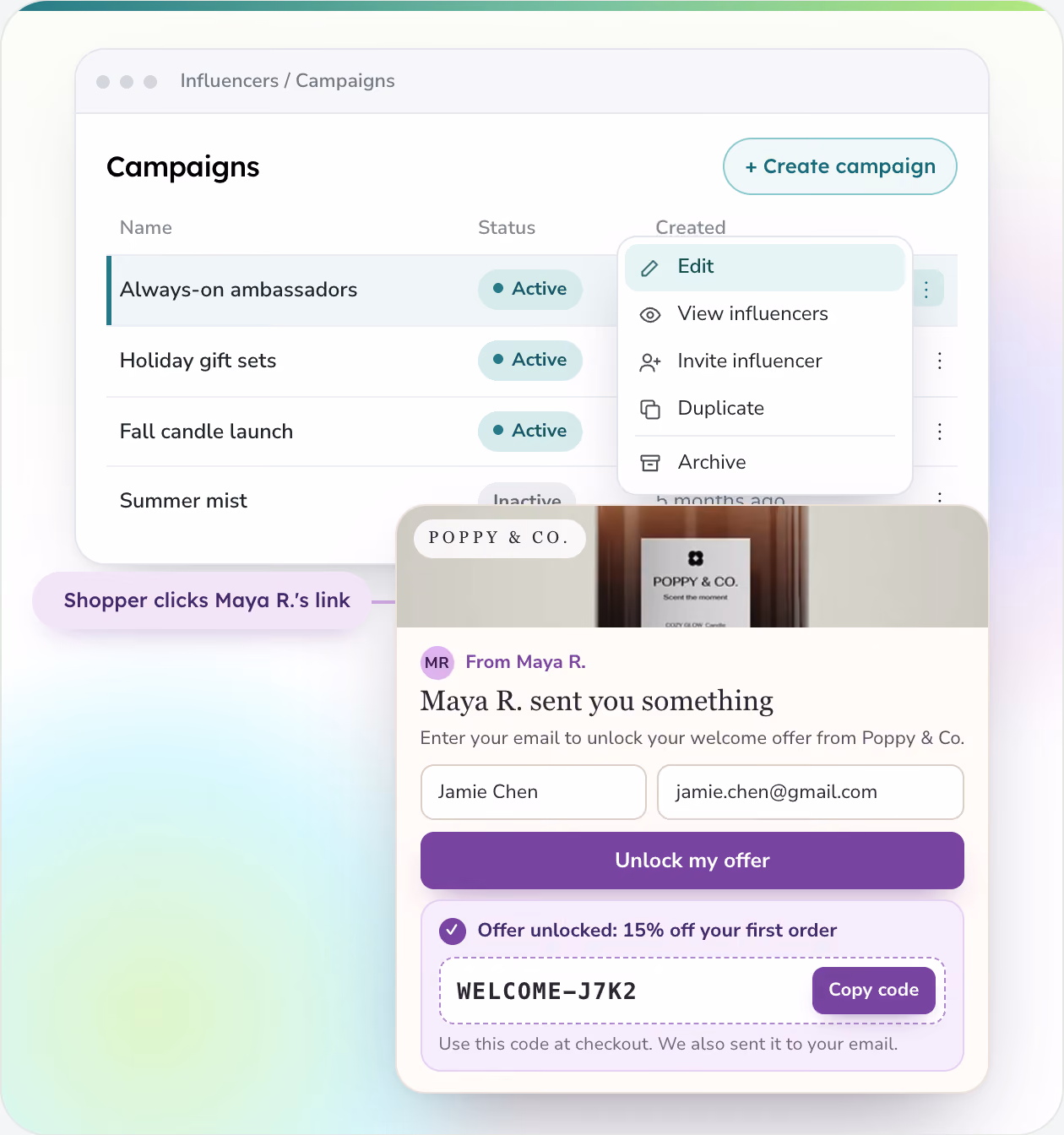 On-site welcome widget greeting a referred shopper by the influencer's name with an email capture field, alongside Friendbuy's multi-campaign management view.
