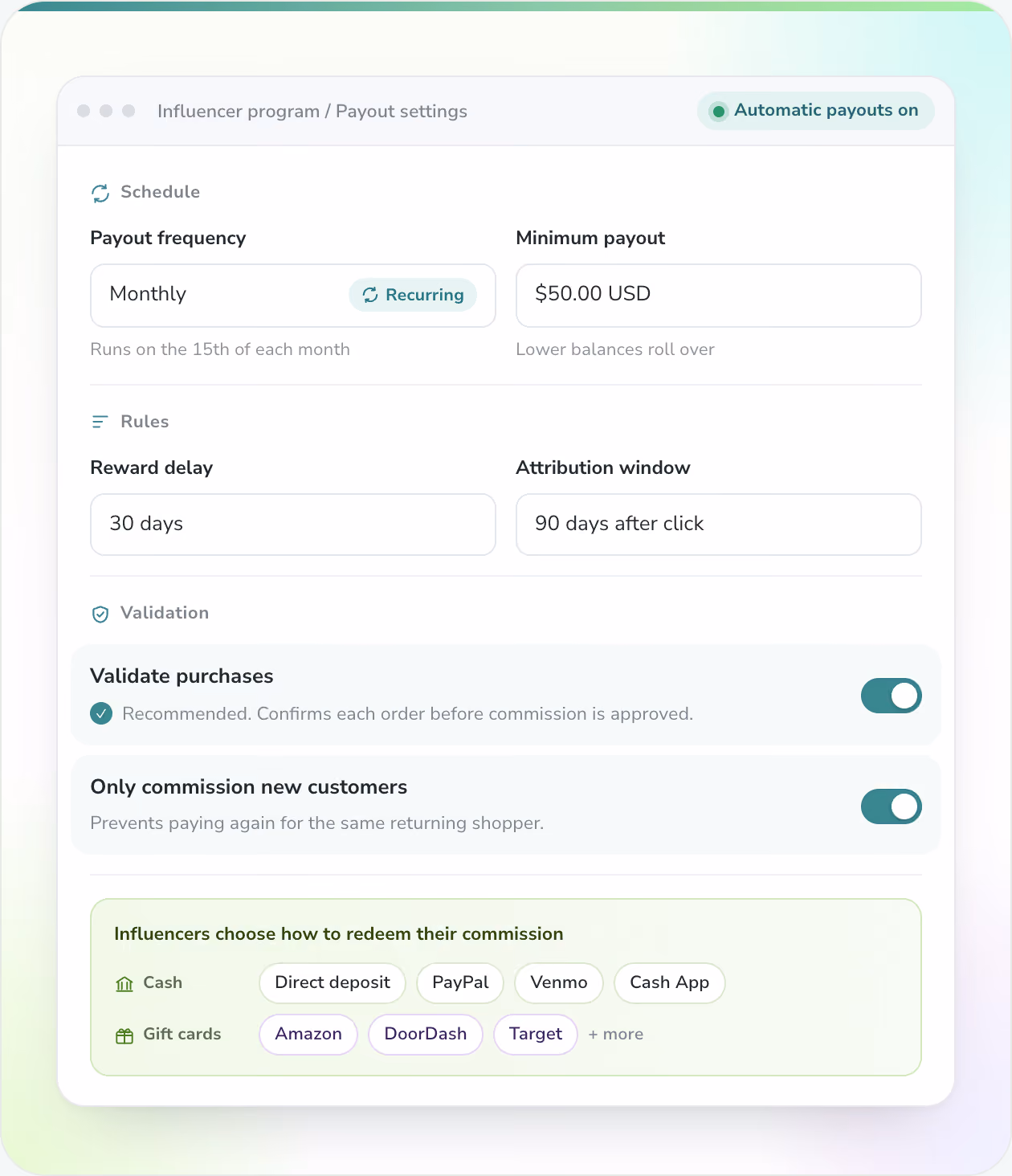 Automated influencer payout settings in Friendbuy showing monthly payout schedules via Tremendous, minimum payout thresholds, and return window reward delays.