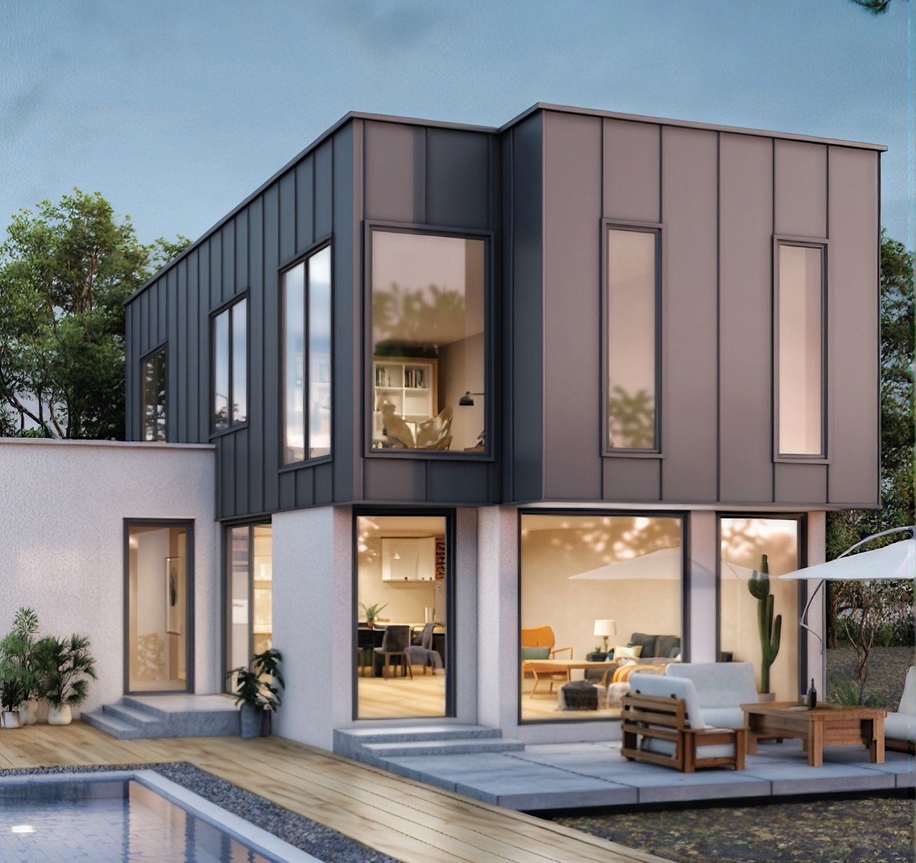 A modern two-storey home with dark vertical cladding on the upper level, overlooking a pool.