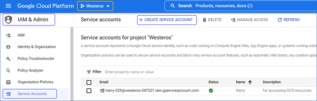 Service accounts screen