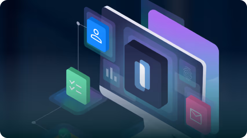 Digital interface with floating icons representing user profile, checklist, fingerprint, and email on a dark background.