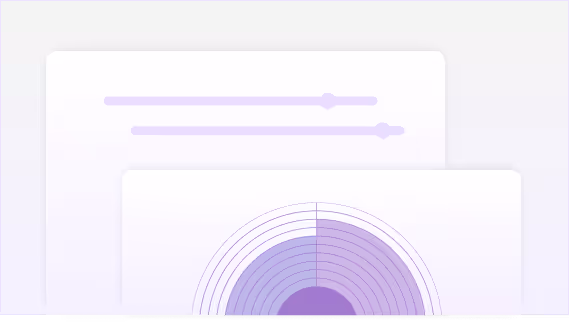 Two overlaid cards with purple horizontal sliders on the top card and a purple circular radar chart on the bottom card.