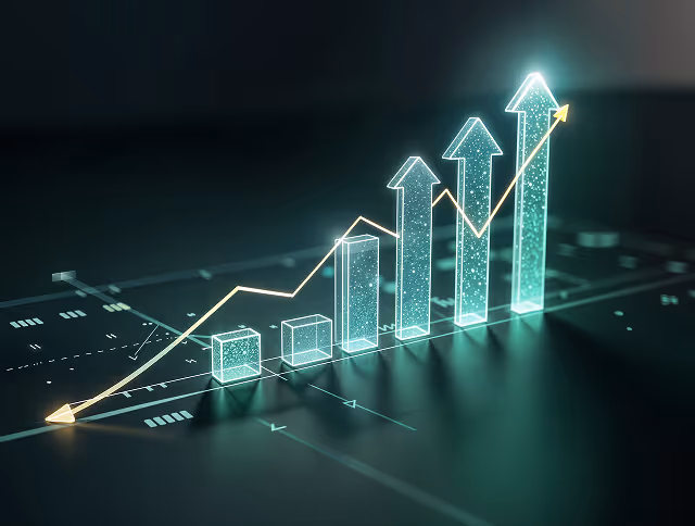 3D glowing bar chart with upward arrow indicating growth on a dark background.