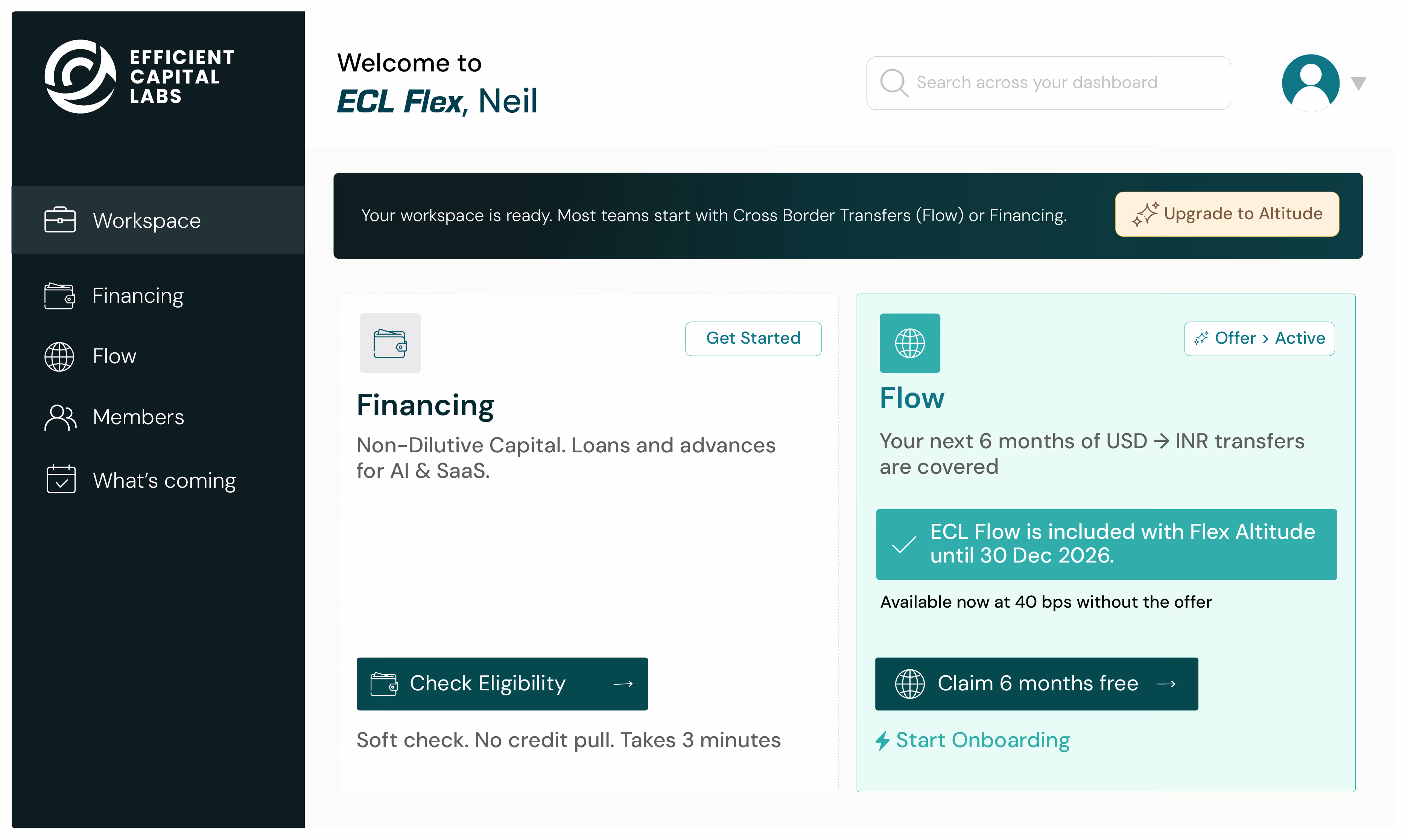 Dashboard showing active financing of $41.5M and flow payments of $2.3M with fee savings notifications.