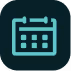 White calendar icon with two rings above on a teal rounded square background.