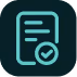 Icon of a document with lines and a checkmark inside a rounded square background.