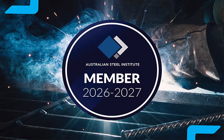 Australian Steel Institute Member 2026-2027 badge over a photo of welding