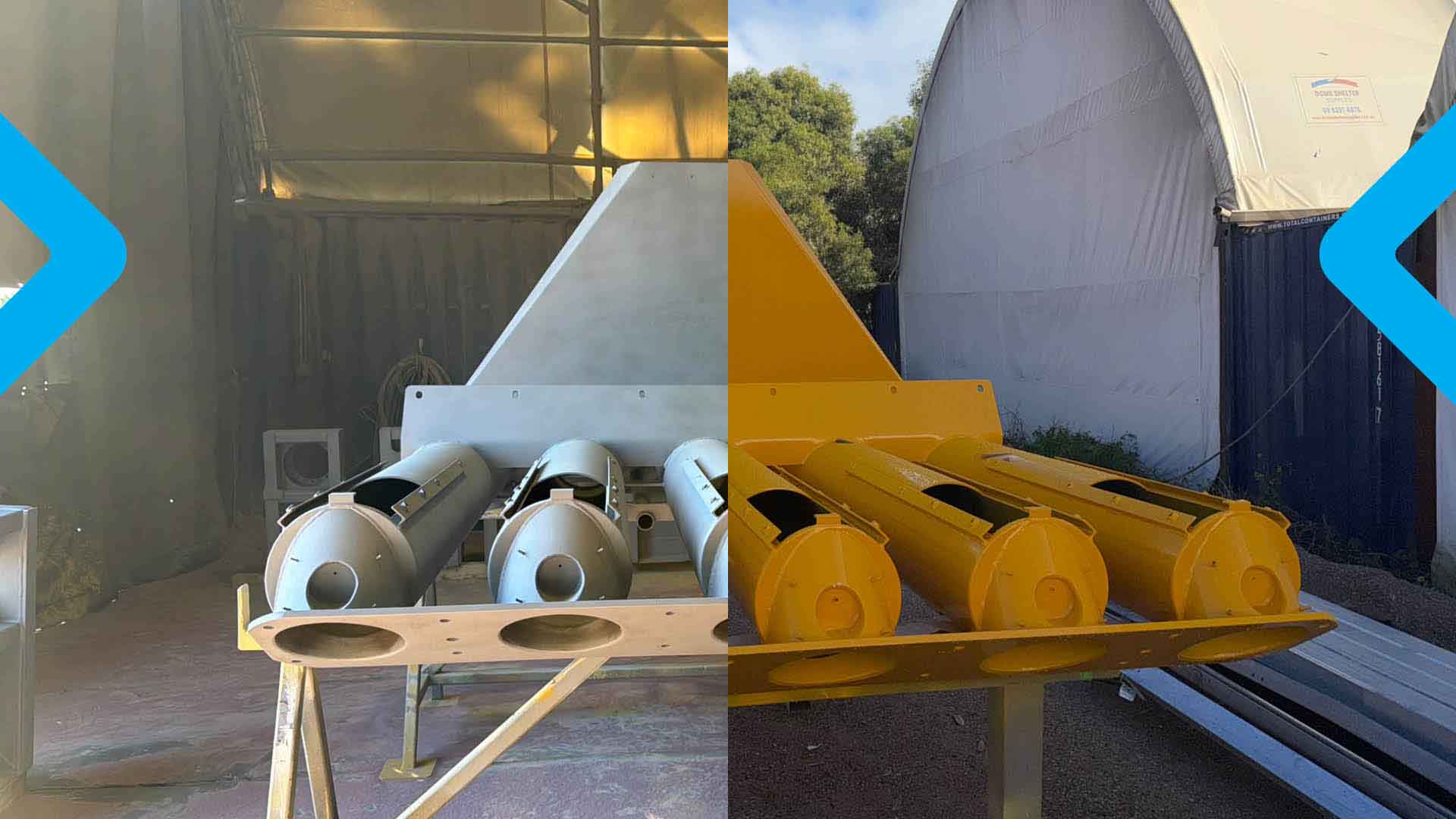 Grey steel cylinders on a frame at left, yellow ones at right