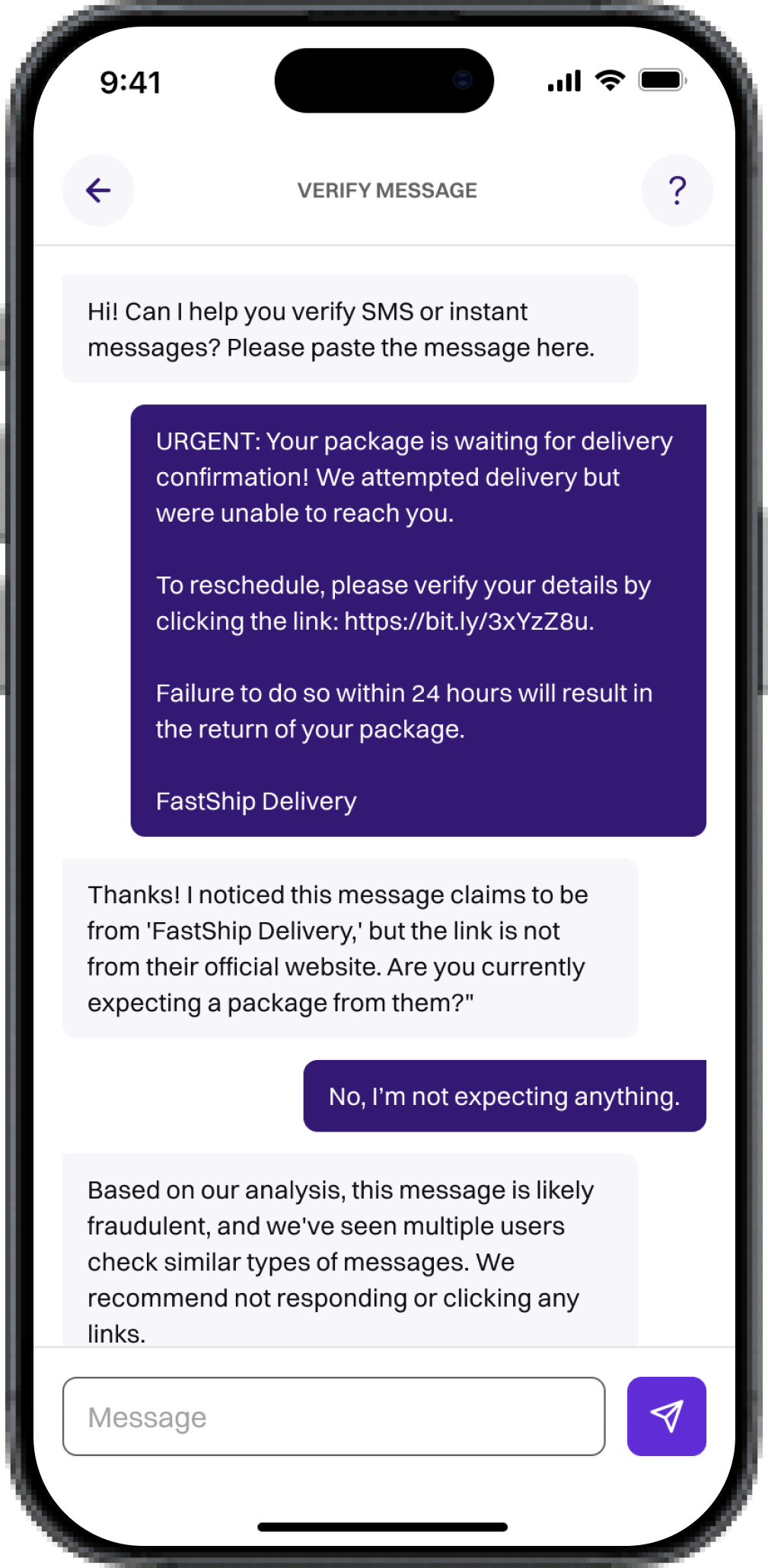 a phone screen showing an AI chatbot asking a user for details on a suspicious message sent to the user and giving them suggestions on what they should do