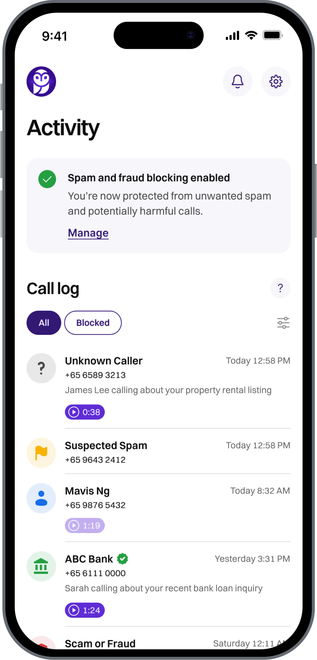 phone screen showing that calls will be auto filtered