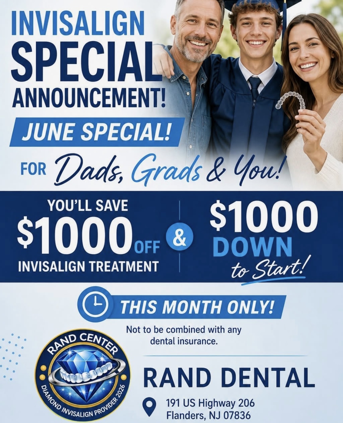 Easter-themed promotional flyer offering up to $500 off Invisalign treatment, valid until April 3rd, 2026, surrounded by decorated Easter eggs.
