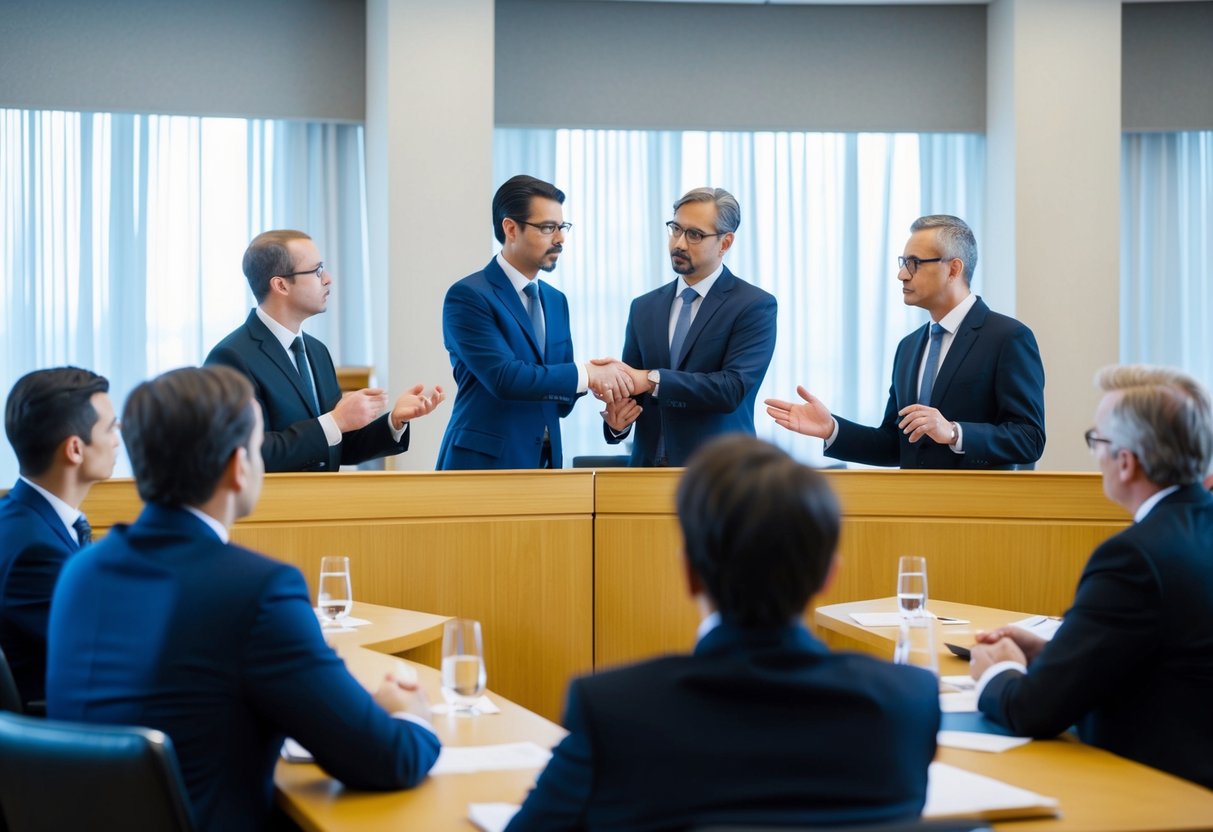 Eine Gerichtsverhandlung mit Anwälten, die über Paritätsklauseln und Bestpreisvereinbarungen zwischen Hotels und Booking.com streiten.