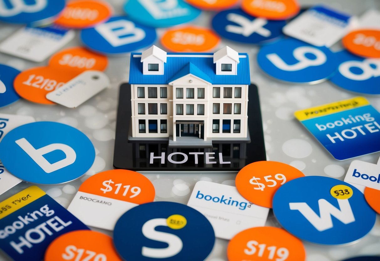 Ein Hotel, umgeben von verschiedenen Buchungswebsites, jede mit einem Preisschild.