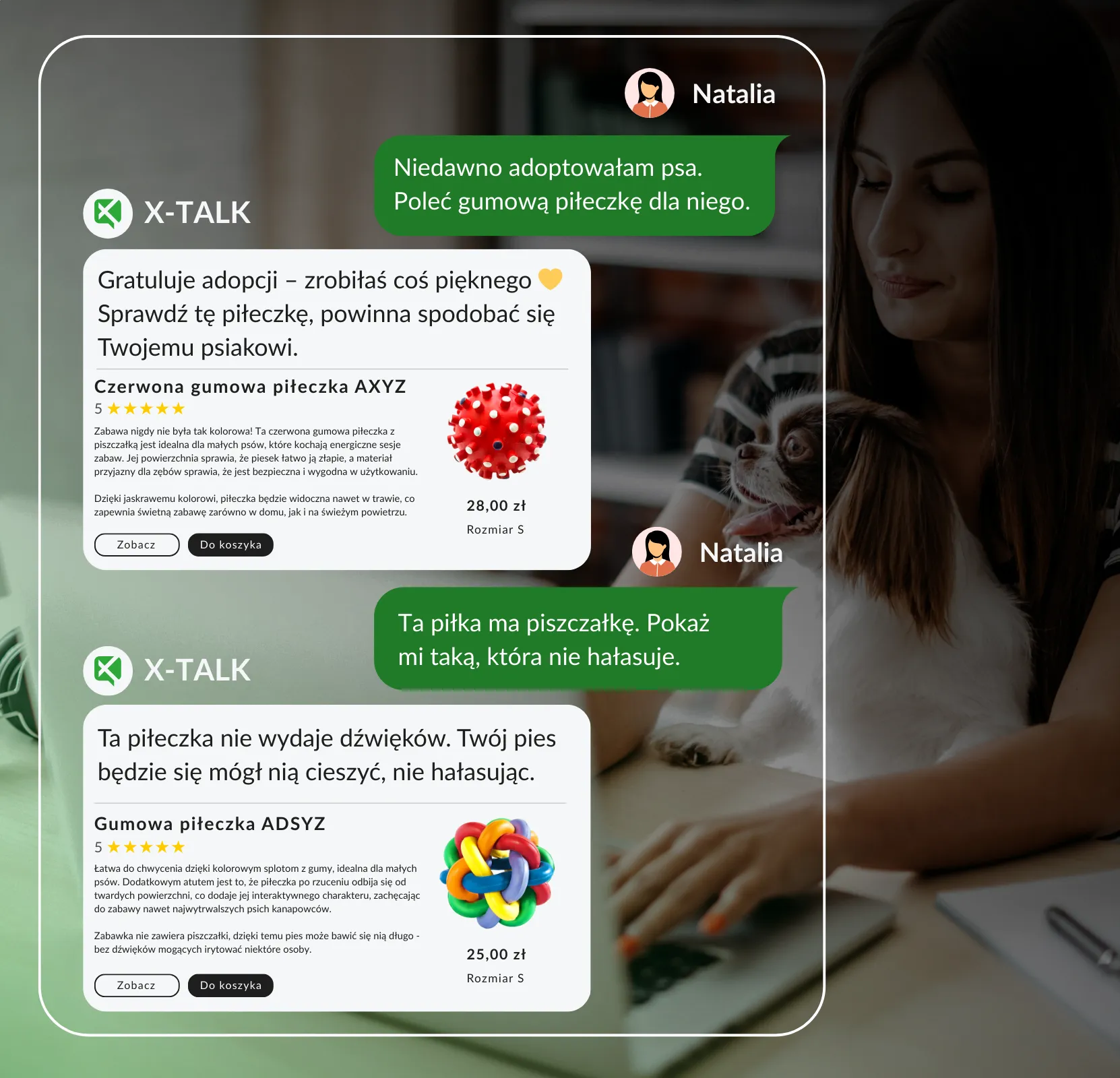 Chatbot do obsługi klienta pomagający kobiecie w wyborze piłki dla psa w sklepie internetowym